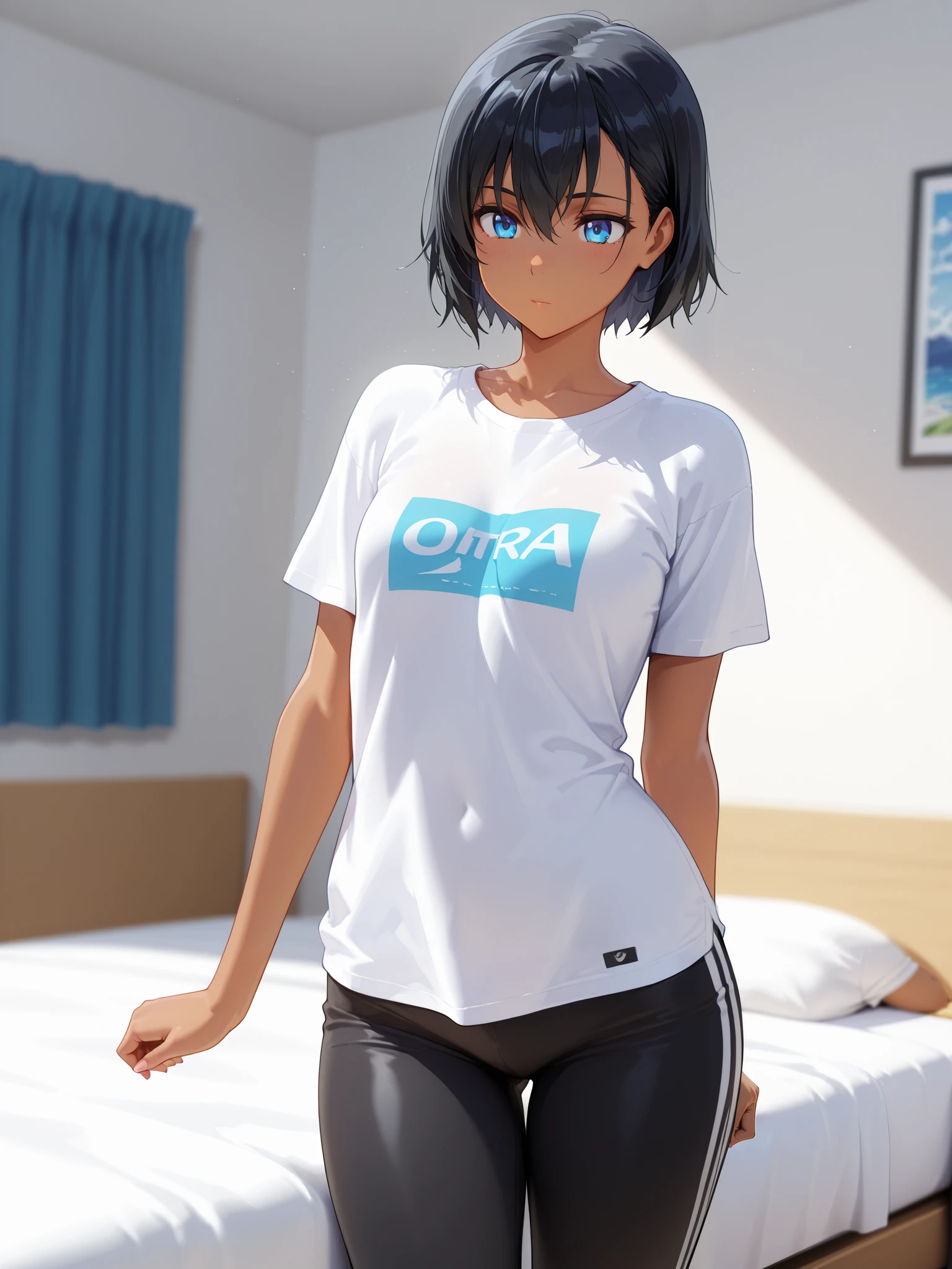 masterpiece, Best quality, very aesthetic, intricate, vibrant, highres, ultra-detailed, Perfect detail, ray tracing, short hair, blue eyes, black hair, dark-skinned female, bedroom, small breasts, t-shirt, black plain leggings