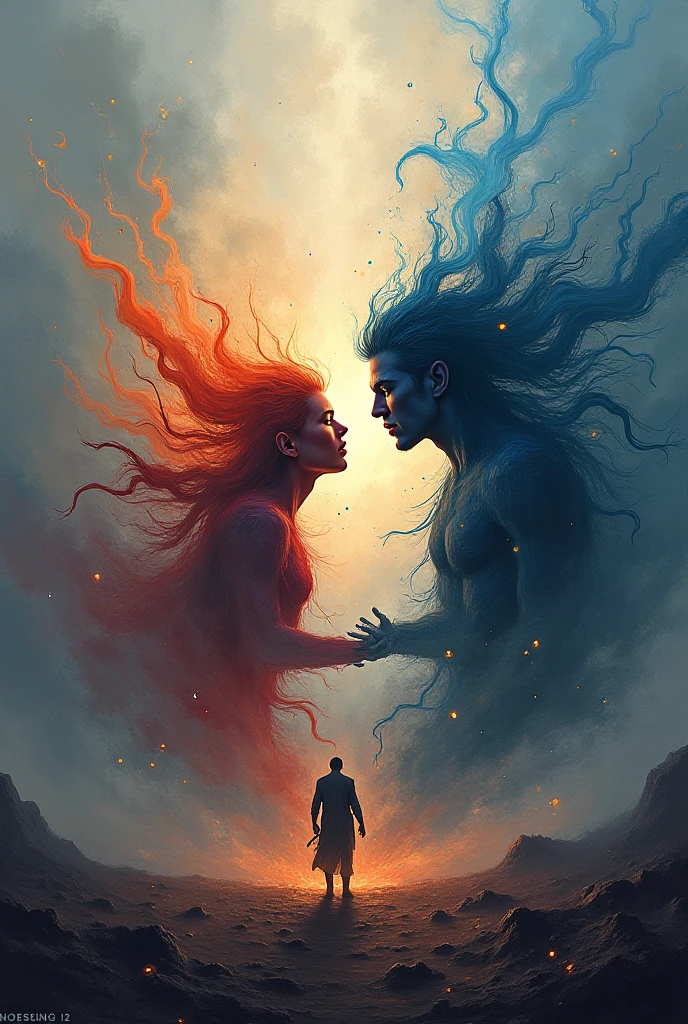 Depict the devotion of Lord Hanuman to Lord Ram in an abstract style. Use soft, flowing lines and harmonious colors like deep blues, purples, and golds to represent the spiritual connection. Abstract forms can suggest Hanuman's heart opened, with a radiant light symbolizing Lord Ram at its center. The background can be a blend of serene, meditative patterns, with ethereal textures representing divine love and devotion, creating a calming and spiritually uplifting atmosphere