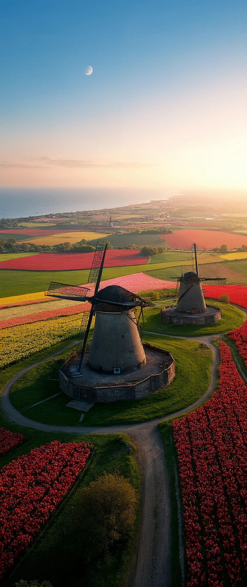 high res images、 Crescent Night 、Netherlands、美しい風車とチューリップ畑のあるNetherlandsの風景写真を上空から観た景色、風車と色とりどりのチューリップ畑のある美しいNetherlandsの平原の風景写真、 The ocean horizon can be seen in the distance 、Panoramic Views。