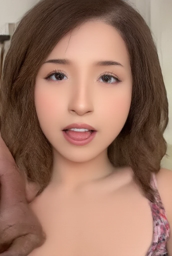 Elderly woman Arafed, 45 years, topless and panties, Sexy girl with brown eyes, brown hair and big eyes, selfie of a young woman, Chamber eyes, Without makeup, Natural makeup, looking straight into the camera, Face with Artgram, subtle makeup, Excellent full-length photo, in the room, split