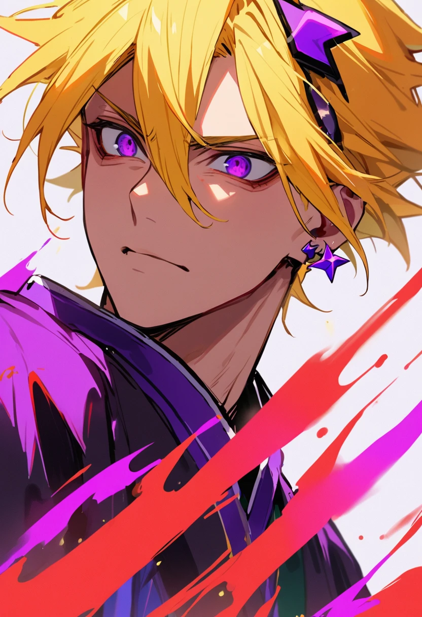 Full image of a blonde haired man with purple eyes