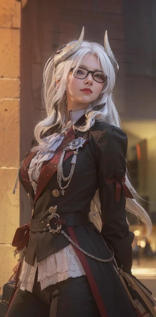 ((Extremely detailed CG unified 8K wallpaper)), masterpiece, super detailed, floating, High resolution, Sexual innuendo, a girl's joy,White hair looks ridiculous, Princess, blue eyes, (Gorgeous long white and red sheer tiered maxi dress,Long parted wide sleeves and intricate embroidery), Ruffled petticoat, Gorgeous corset,luxurious palace, royal style, (wear glasses),(hair accessories),