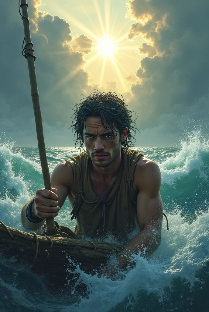 Kai is a lean, wiry teenager with tanned skin from long days spent under the sun. His hair is dark and unruly, onboard clinging to the mast of his boat, drenched and struggling to keep control as the storm rages around him. Scene carton anime