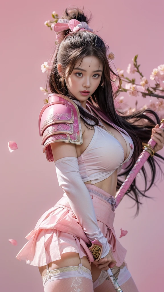 ((hyperrealistic, photorealistic, 8k, intricate details)) "(full body) A geisha queen geisha samurai, flowing hair and fleshy lips, full breasts, thick thighs, silky skin, wearing a sexy pink and white chic armor kimono, in a setting with trees and cherry blossoms and, contrasting with the blurred background, with the light gently sliding down her face, in a dynamic and charming pose."
