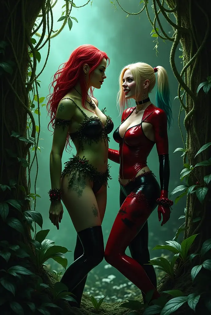 The actress Nata Lee as character's Poison Ivy and Harley Quinn, perfect costume, upturned buttock, beautiful legs, traditional hairstyle, sadistic smile, traditional face makeup, carnivorous plants around her...