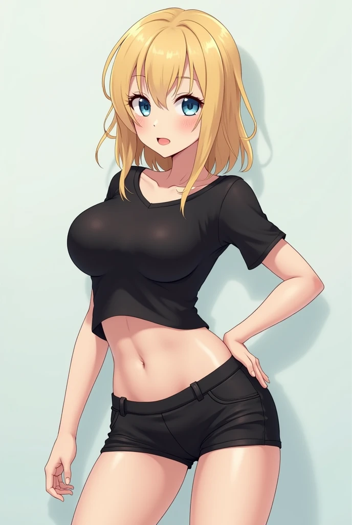masterpiece, best quality, AiHayasakaV4, 1girl, solo, breasts, blush, blue eyes, blonde hair, hair ornament, hair between eyes, nail polish, side ponytail, scrunchie, hair scrunchie, blue nails, blue scrunchie, ((slim body)),((slim legs)),((slim thighedium breasts)), ((kneeling:1.4)), ((park background)), ((serious face)), ((black pantyhose:1.4)), ((black converse shoes)), ((short jeans)), ((black tank logo)), ((underboob)),