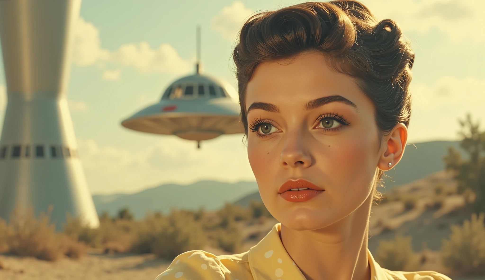 Elegant young woman with 1950s-inspired style, light-medium skin tone, and dark brown hair styled in a classic updo with a pearl hair clip. Focus on the subject's face and upper body. Soft, warm-toned lighting creates a dreamy, vintage atmosphere. Woman wears a yellow blouse with small white polka dots, a classic 1950s style. Her makeup is subtle and flattering, with rosy blush, defined eyebrows, and a natural lip color. She has a serious but serene expression, gazing off to the side of the image. A soft, sunlit outdoor setting is visible in the background. Tall architectural structures and futuristic-looking, metallic flying saucers are visible, subtly out of focus. Composition is centered on the subject, with a soft focus on the background elements. Golden hour lighting with warm tones and clear shadows. Photographic style evokes retro science fiction aesthetic, vintage, portrait, cinematic, glamour, 1950s fashion.