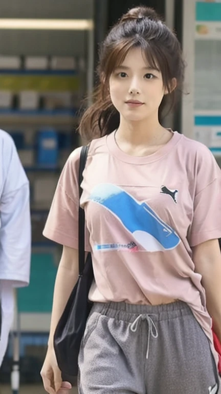 [An ultra-realistic Asian woman at Seoul International Airport], Forma de cara ovalada, Color de cabello negro oscuro con tonos marrones, medium-sized wavy hair, Age 25 years, (Wear an oversized pink t-shirt, pantalones completos negros ajustados, Snickers premium blancos), Corte de pelo de capas medias