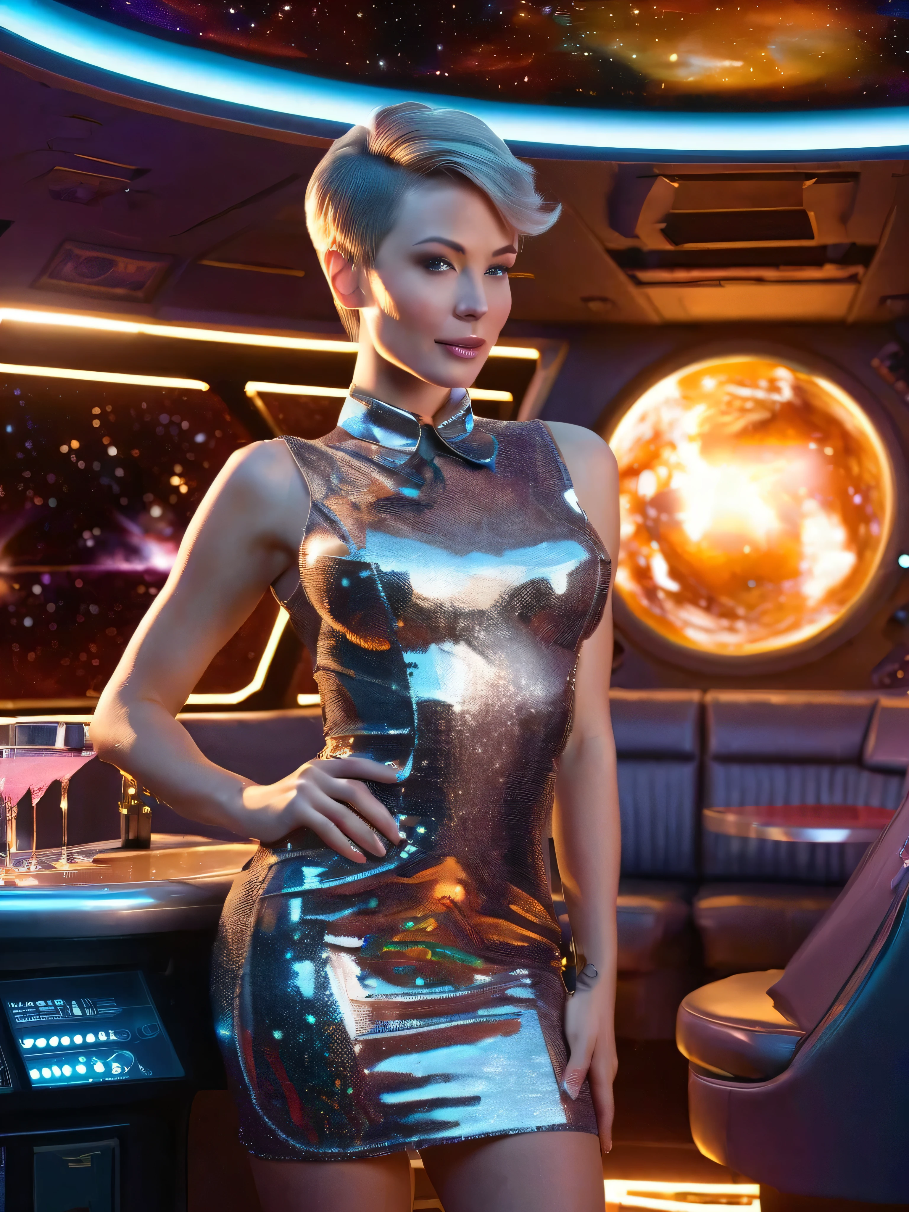 A woman wearing a glittery cocktail dress looks at viewer lustfully, she has short dapper hair, in space station, cocktail lounge,
The effect is provocative, warm lighting creating intimate atmosphere, a planet is visible through huge picture windows,
masterpiece, soft lighting, intricate, highly detailed, 4k, high quality, sharp, very detailed, high resolution