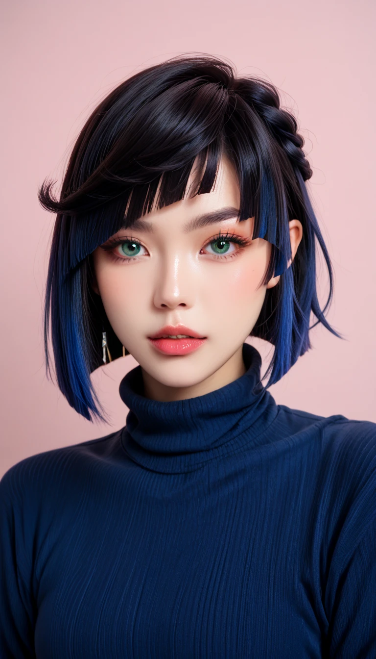 One girl,only, Upper Body,Watching the audience, White Background, Bobcut, short hair, Multicolored Hair, compensate , Parted lips, Black Lips, eyeliner, Gothic, Goth Girlプロのphotograph撮影,85mm lens,Front view,Half Body Shot,photograph,Sharp focus,High resolution,8k,One girl,Adult female,Asian slim woman,(Topless woman:1.25),Golden Ratio,Upper Body,(Different facial features:1.12),(それぞれのphotographは異なる顔の特徴です:1.13),(A kind smile:1.25),Textured female hairstyle,([Light Painting|Mood Lighting|Mood Lighting|Chiaroscuro lighting|Courtroom Lighting]),Simple Background, , Black Lips, eyeliner, Gothic, Goth Girl,(((Completely naked))),(((nsfw))),((Small breasts:1.2)) , 