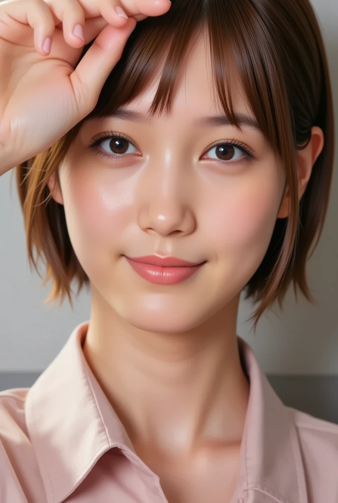 ((masterpiece, Highest quality, High resolution、Realisticですべてが美しく詳細に描かれている)), 1 person, (Realistic: 1.4), alone, White Background, snow-White Background, Mouth closed, smile, smile, Beautiful black hair, short hair, Big eyes, Transparent double eyelids, eyelash, Listen carefully, Long neck, 美しくLong neck, Absolute area, ((Face close-up)), (Draw the whole head, shoulder), 1, Attractive proportions, Glowing Skin, Beautiful clavicle, Golden ratio face, Perfect Face, Teardrop-shaped mole, chestのほくろ, bangs, clean bangs, beautiful bangs, Lip gloss, Thin lips, Fair skin, naked, Big Breasts, {Huge|big|Hugeな|Mega} chest:2, chestの谷間:2,chestの谷間を見せる、Small face, Small face, All the heads are painted, shoulder all drawn, Point slightly above the camera