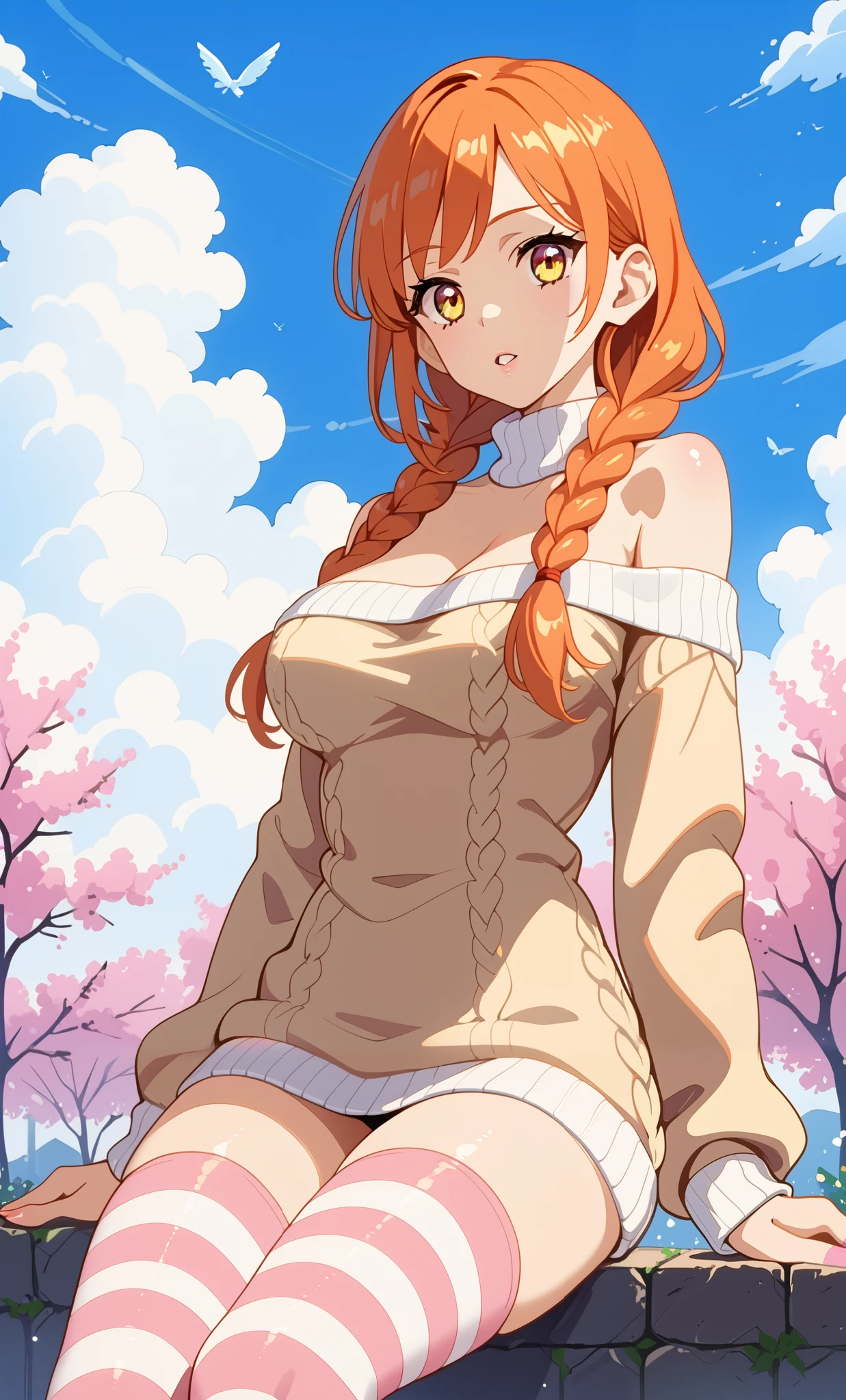 1girl, solo, very long hair, large breasts, yellow eyes, thighhighs, cleavage, bare shoulders, sitting, orange hair, braid, outdoors, parted lips, sky, striped, cloud, off shoulder, long twin braids, sweater, turtleneck, hair over shoulder, striped thighhighs, white sweater, pink thighhighs