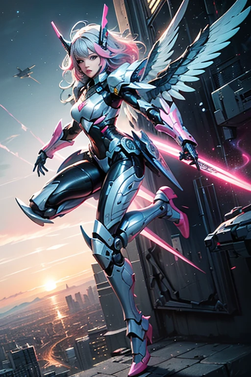 1girl,(Heroic and heroic girl:1.4),strong woman mecha warrior,mighty and domineering,cool mecha,32k,pink and white color scheme,armor,white_background,standing,<lora:AGirl_v1:1>,