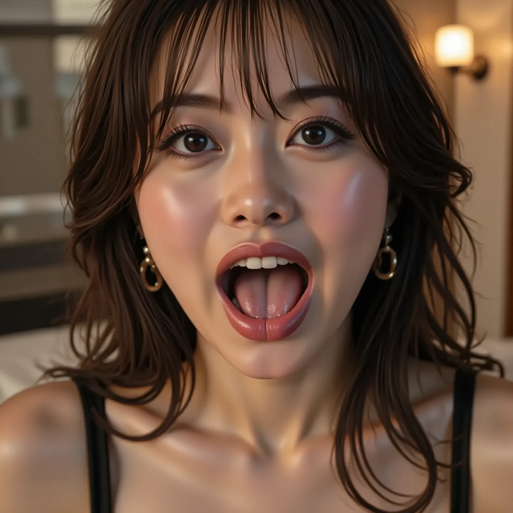 Taylor Hill、1 girl、(photo-realistic:1.4),debris flies、、Award-winning photo、very detailed、((realistic skin texture))((Reproduction of highlighted facial pores)),eye、nose、focus on the mouth、close up focus on face））、口を開けてeyeを閉じた女性、35 years old、black hair、しわeye：1.1、symmetrical face、リアルなnose孔、from belowのアングル、細長いC字型のnose孔NSFW、sweaty skin、Lighting that emphasizes the skin that shines with sweat、((鋭いnose))(Skin shiny with sweat、shiny skin)、sweaty hair、上eye使い、(wrinkles between eyebrows))(cum on tongue)Lighting that does not cast shadows on your face、from below、(Uniforms for various occupations,workplace uniform)long tongue、drooling,((glowing oily skin))((Facial skin glistening with sweat))face grimacing in pain,(frowning expression)額 nose筋 頬骨付近汗がライトで光る,