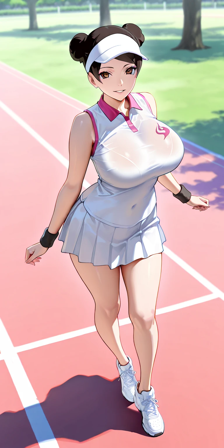 (((((Massive Female Bodybuilder))))), high quality, masterpiece, (photographrealistic:1.4), 8K, big chest, Seductive Anime woman, oppai proportions, Photorealistic, perfect body, Voluptuous body, curvy body, Naughty anime style, plump, Erotic cartoon style body, Married woman's big ass, Married woman atmosphere, mamma size, (gigantic breasts:1.8), colossal breasts, (smile), aroused, (muscular:1.2), doroppy breasts, thick muscular quadriceps, clavege, ((tennis player)), 37-year-old, (white tennis uniform), micro skirt,