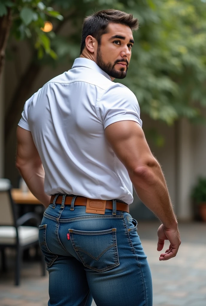 (((Muscular man))) masterpiece, best quality, high resolution, closeup portrait, male focus, solo focus, A man, 50 years old, grey hair, soccer player, football player, grey silver hair, messy hairstyle, cute and seductive face, bare chest, body hair, facial hair, roman nose, , hairy legs, cute, dimples, goatee and mustache, bold jawline , full body, sweaty, in the background an outdoor soccer football field, amazing composition, , HDR, ultra quality, elegant, highly detailed,, beautiful asd, realisric male genitalia (((Big muscles))) (((white jeans))) backside