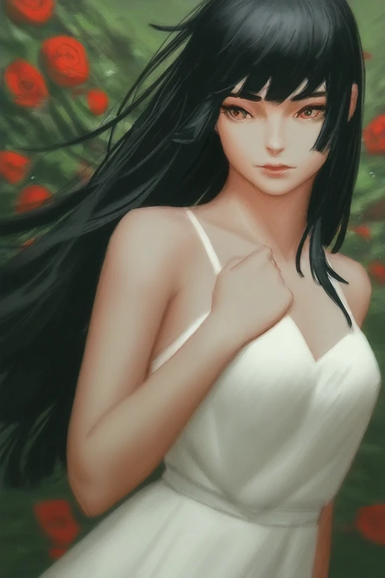 tsuruta ichiro, Narrow-eyed, 1girl in, Allback、deadpan、short-hair、shorth hair、brow、Reluctance、A dark-haired、Tucked Hair Solo, Cowgirl, Onepiece, ((mideum breasts)), Thin slit eyes、Black eyes, Light shines on the eyes、Black hair, gloves, Dress, Luxurious Jewelry, earrings, sharp eye、 elbow groves,Raise your hands and tie your hair back, random color, random color dress, Makeup for long eyes, Slender eyes、lip stick, Complex petal pattern, Rim Light, Back Light, pastel color,Studio Lighting