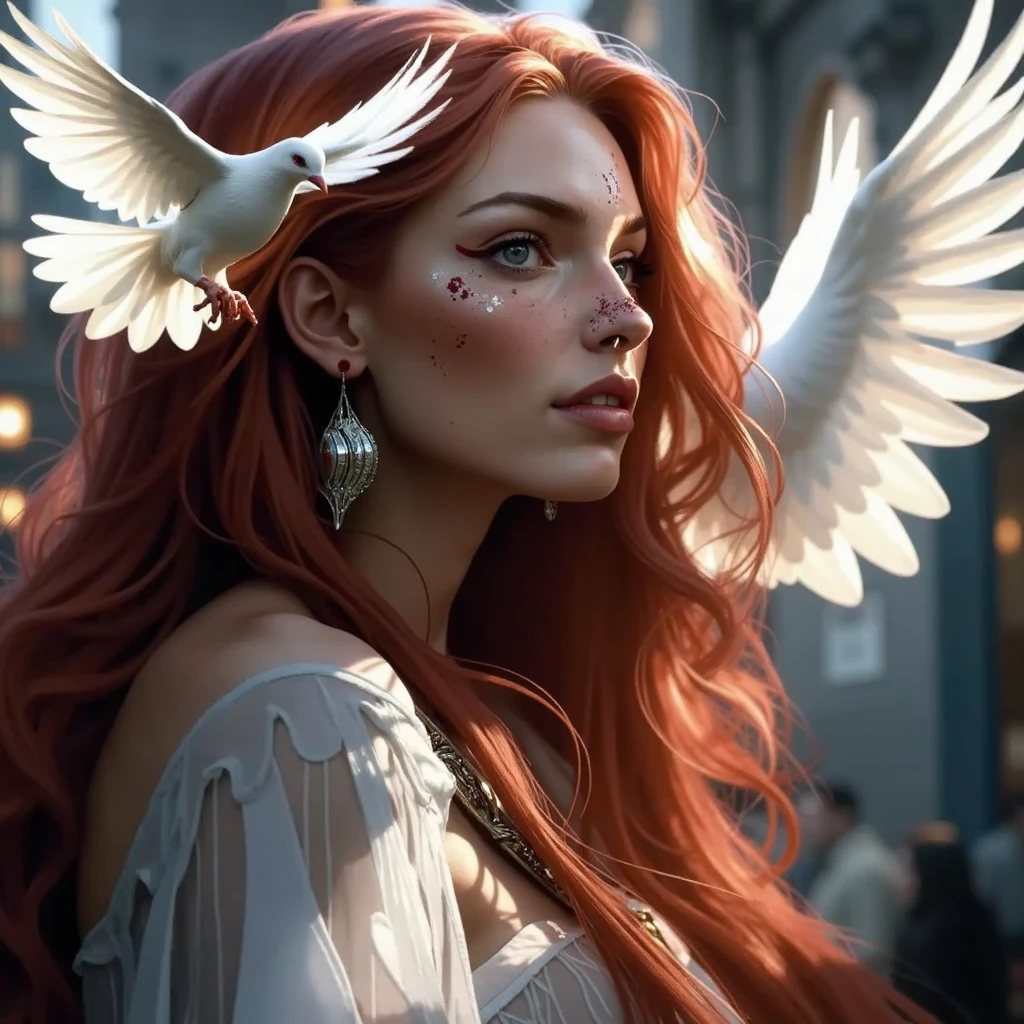 there is a woman (Adriana Lima :1.1)  red lips, green eyes, with red hair and wings on her head, portrait of a beautiful angel, beautiful angel girl portrait, red haired goddess, beautiful female angel, of an beautiful angel girl, beautiful digital artwork, of beautiful angel, beautiful angel, gorgeous digital painting, beautiful digital painting, beautiful digital art, gorgeous digital art, beautiful digital illustration, beautiful gorgeous digital art