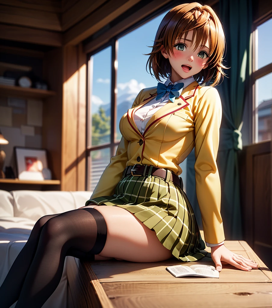 (masterpiece)(8k)(cute)(close-up)(from above) a 18-year old girl, uniform, skirt, sitting on chair, leg hanging over armchair, lewd, upskirt, (pubic hair:1.2), orange hair, short hair, wild hair, lime green pupils, seductive smile, (glossy lips:1.3), shiny lips, eyeshadow, rossdraws pastel, digital wallpaper art, anime 8k style, blurry background