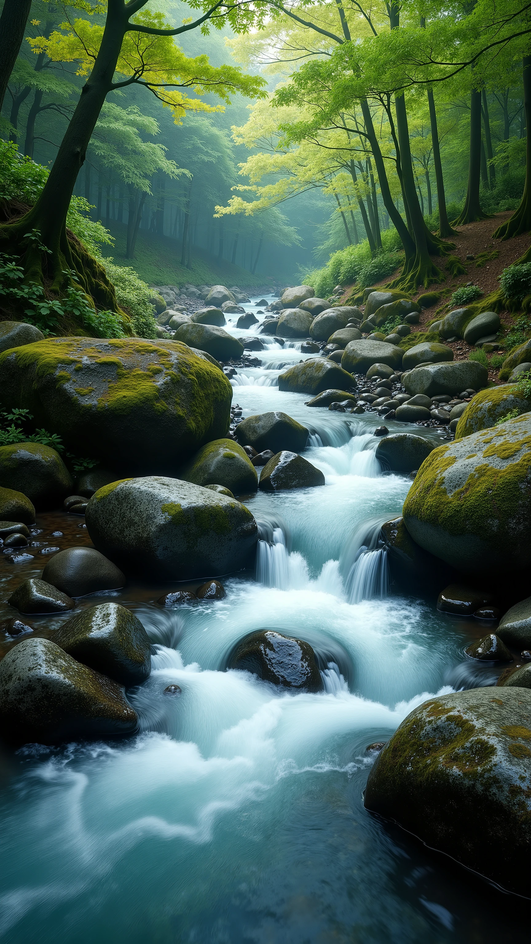 (Upstream, Highly transparent and sparkling water flows through beautiful streams in Japan), (Rocks and trees 々There is beautiful moss), ((A photo that is super beautiful and makes you feel in love)), (4K, 4K quality, Ultra HD, Ultra-detailed, very accurate, realism:1.2). 