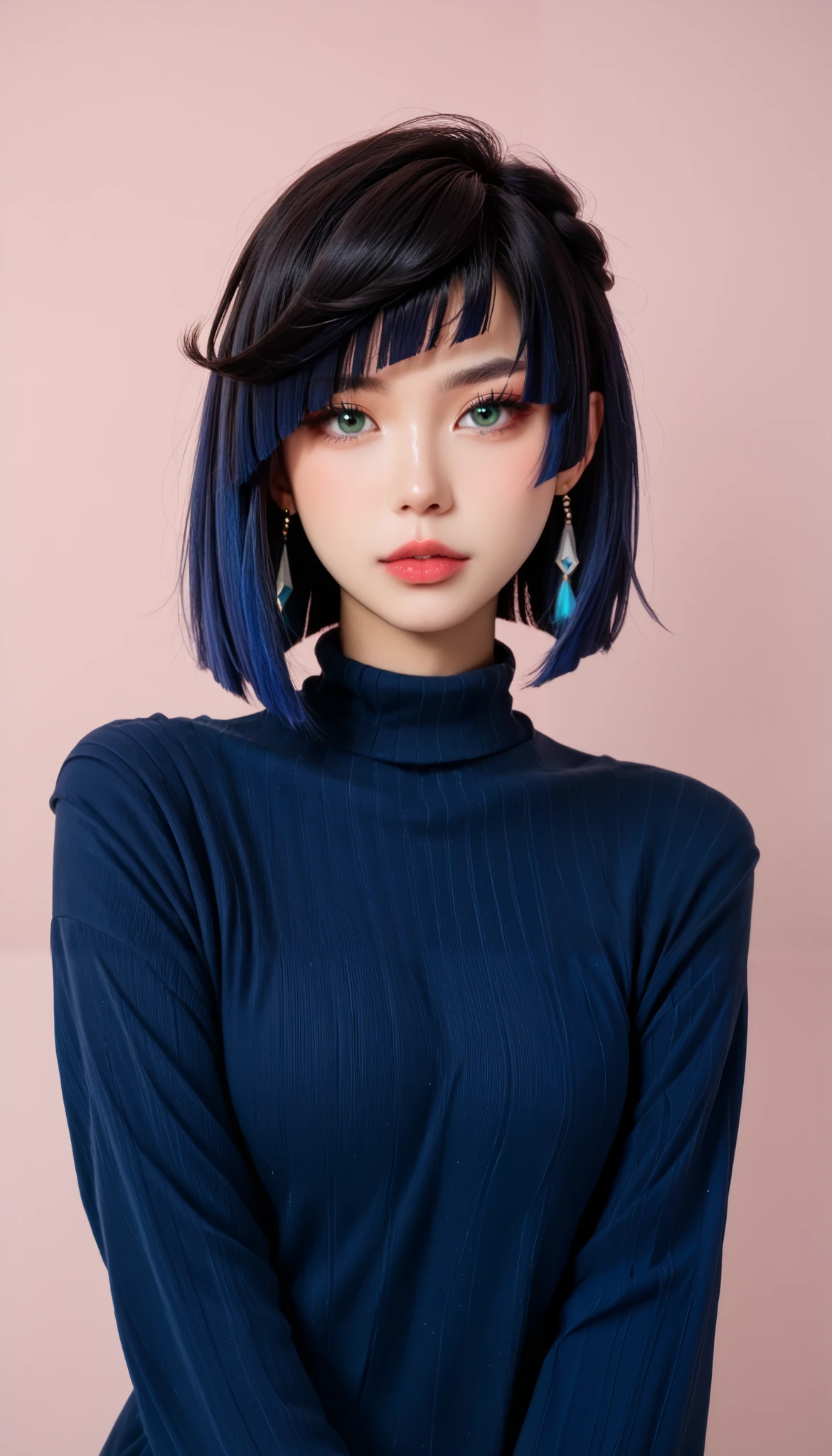 score_9, score_8_up, score_7_up, (photography), Photo RAW, best quality, hires, absurdres, ulzzang, ulzkawai, (((korean aesthetics))), k-pop, glamorous, shine, solo, (thin face), big eyes, ((Xia Yan)), blue eyes, eyelashes, lips, (yelan), black hair, blue hair, asymmetrical hair, eyebrows hidden by hair, green eyes, dark blue sweater, high collar,, realistic, looking at viewer, simple background, light pink background, cowboy shot, sharp focus,