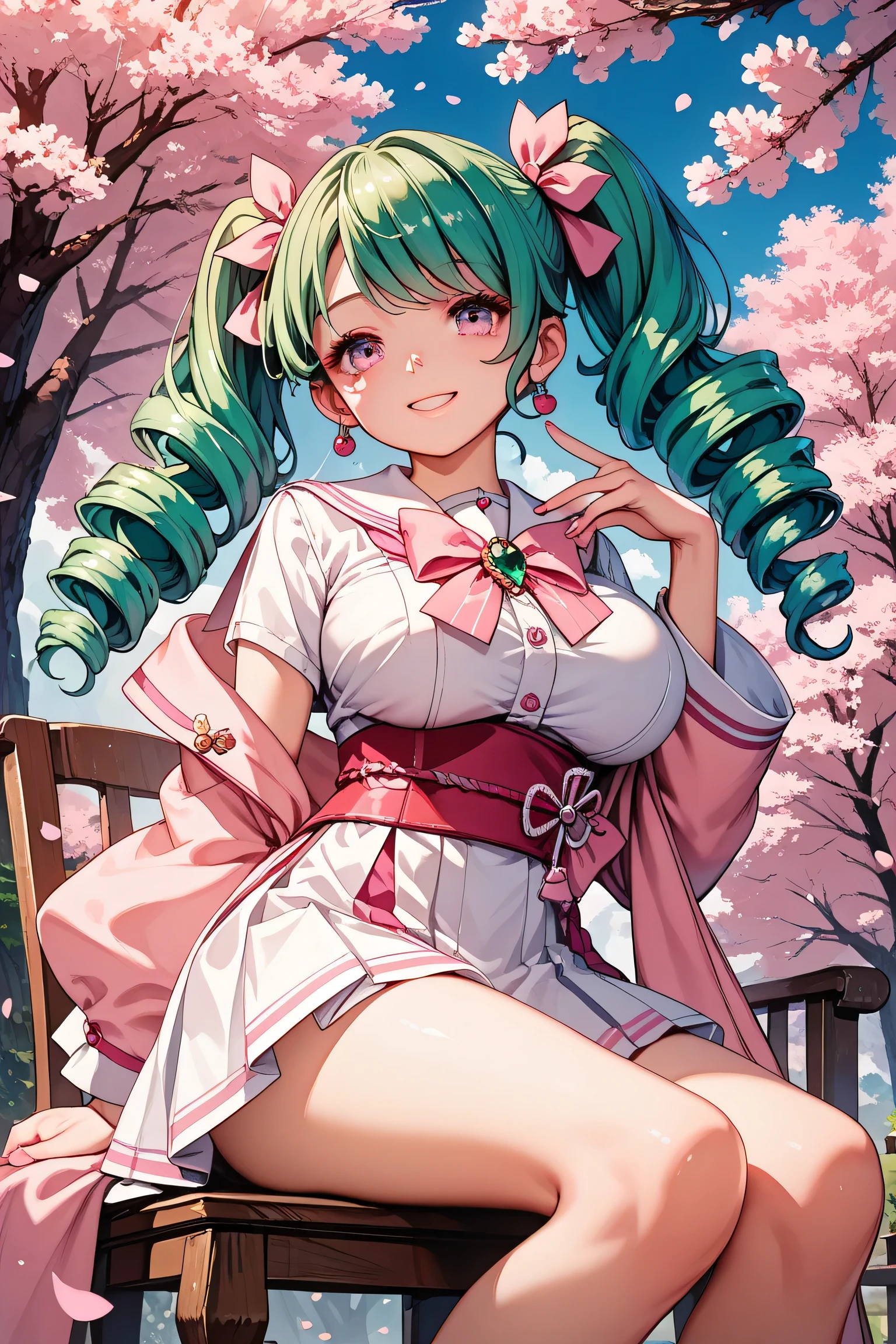    score_9, score_8_up , score_7_up , score_6_up , score_5_up , score_4_up , just describe what you want, tag1, tag2 ,1cute girl, emerald hair all over,   pattern ,twin tails,twin drill,pink ribbon,smile, ,  white sailor suit with pink lines,White miniskirt, pink eyes,Cherry blossom trees,Cherry Blossom Petals Dancing,chair in a half-sleeping position