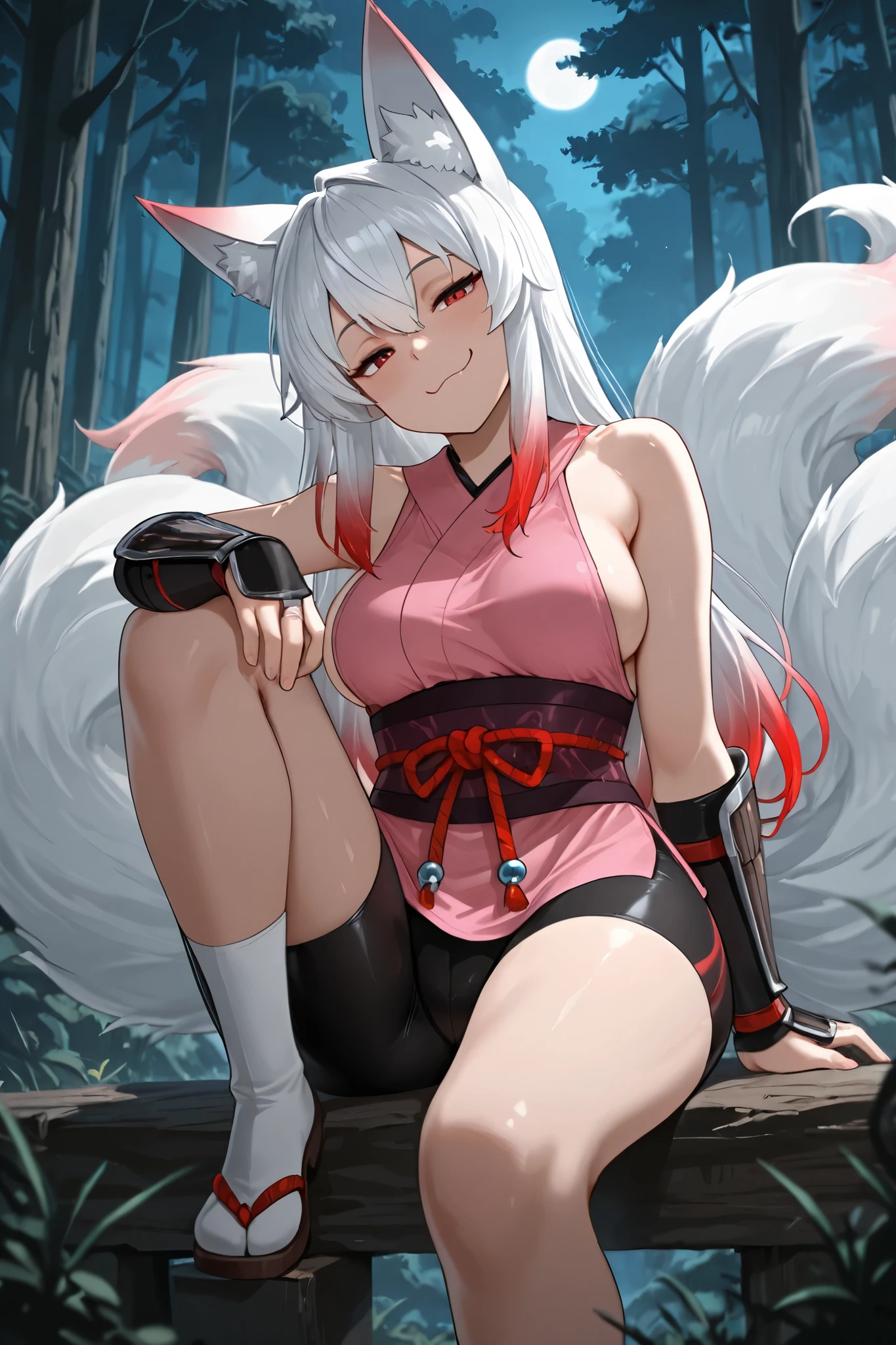masterpiece,best quality, amazing quality,absurdres, 1girl, mature_female, aged up, Kitsu, white hair, long hair, gradient hair, red highlights, fox ears, red eyes, 2 fox tail, multiple tails, black shorts, bike shorts, pink gi, sleeveless, medium breasts, sideboob, armguards, forest, nighttime, sitting, head tilt, smug, hand on knee, looking_at_viewer,