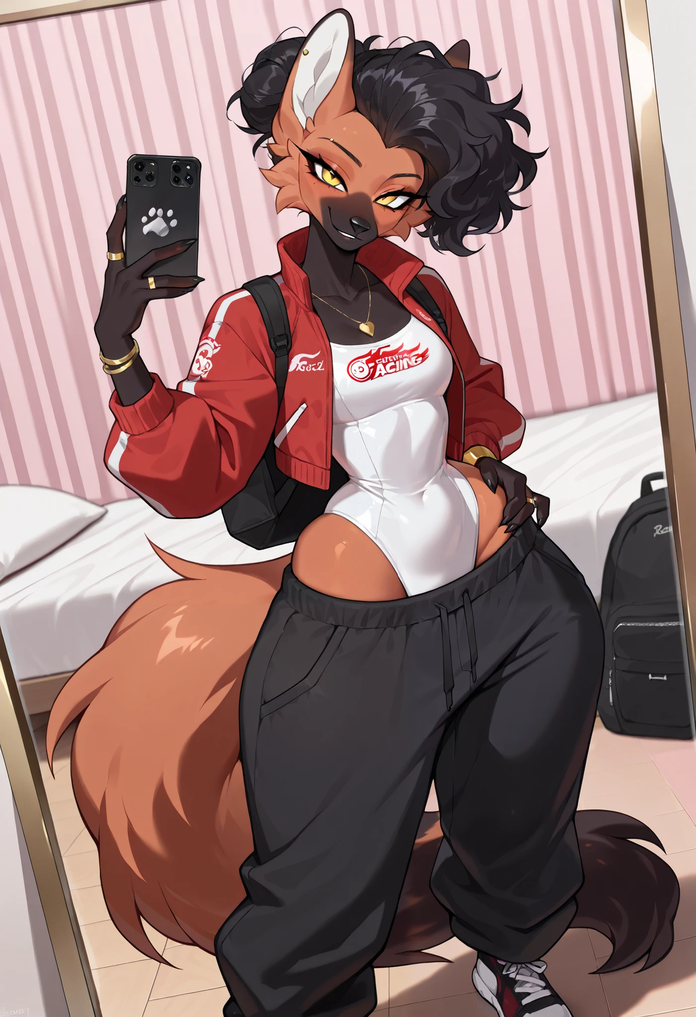 best quality, masterpiece \(quality\), L0LSPL4SH, year2024, year2023, West Studio, sixmorevodka, 1girl, by Riolutiny, solo, anthro_only, ((maned wolf)), fluffy, small breasts, (wide hips, love handles), ((black oversized pants, white leotard, red jacket, racing jacket, golden jewelry, necklace, bracelets ,rings)), ((round ears)), fluffy hair, black hair, mohawk, tall dommy mommy, L0LSPL4SH, blurry foreground, blurry background, IllusP0s, looking at viewer, long eyelashes, hyperhandles, long black claws, black paw pads, (dynamic angle, standing, lazy posture, happy face, blushing, parted lips, 3/4 view), (cute, posted on E621), ((curly hair, messy bun)), piercings, yellow eyes, ((sneakers)), cluttered bedroom, pink room, pink dim lights, ((mirror selfie, phone, posing)), cinematic composition, subsurface scattering, cinematic shading, background focus, ((hand on waist)), ((love handles)), black backpack, techwear, long legs