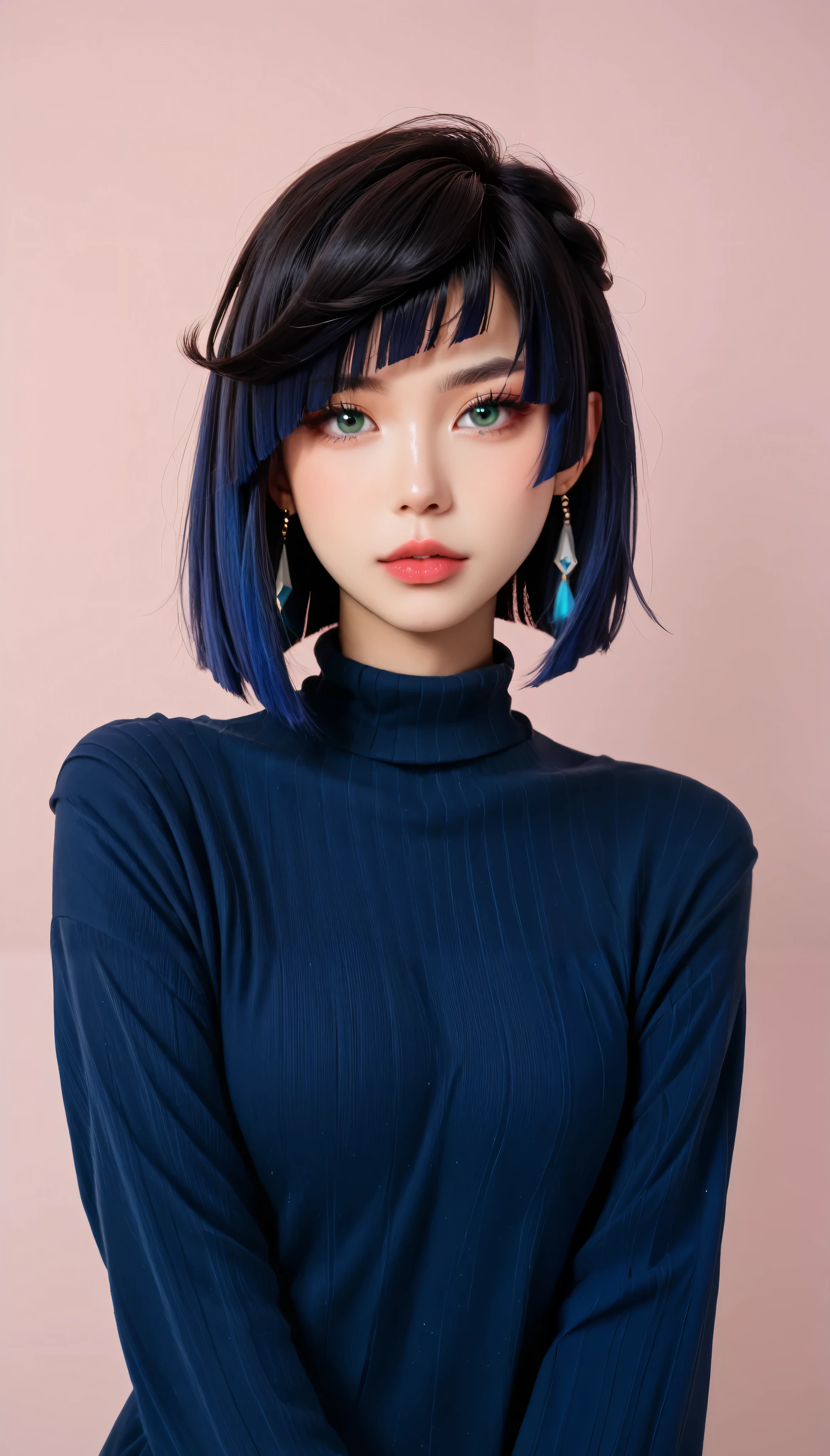 score_9, score_8_up, score_7_up, (photography), Photo RAW, best quality, hires, absurdres, ulzzang, ulzkawai, (((korean aesthetics))), k-pop, glamorous, shine, solo, (thin face), big eyes, ((Xia Yan)), blue eyes, eyelashes, lips, (yelan), black hair, blue hair, asymmetrical hair, eyebrows hidden by hair, green eyes, dark blue sweater, high collar,, realistic, looking at viewer, simple background, light pink background, cowboy shot, sharp focus,