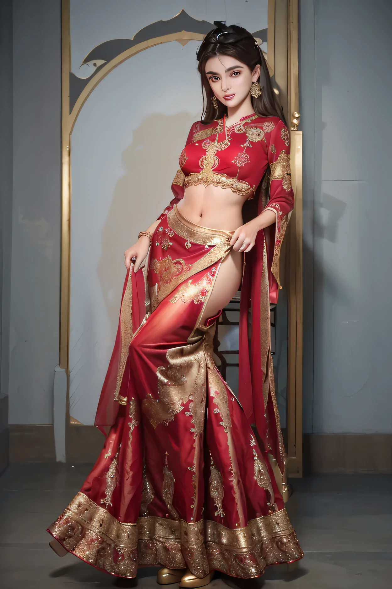 lana rhoades in a red and gold leheni with a red blouse, very beautiful enga style, indian super model, very attractive and beautiful, wearing gorgeous clothing, traditional beauty, wearing beautiful clothes, indian style, wearing an ornate outfit, ornate dashing red garments, dressed in a beautiful, red and gold sumptuous garb, wearing red attire, royal elegant pose
