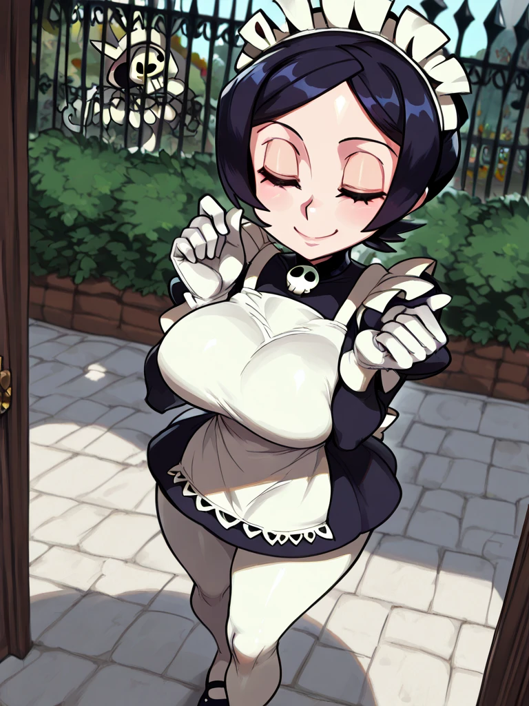 by zackary911, (coffeesoda:1.1), hioshiru, zackary911, puro, anthro, futanari, solo, fur, 2022, lidded eyes, maid outfit, cat maid, large breasts, black skin, black gloves, thigh high socks, collar, tail bow, large purple knot, gigantic balls, huge genitals, watery genitals, hugepurplecock, largedick, presenting, whitecum spewing from hugepurplecock,