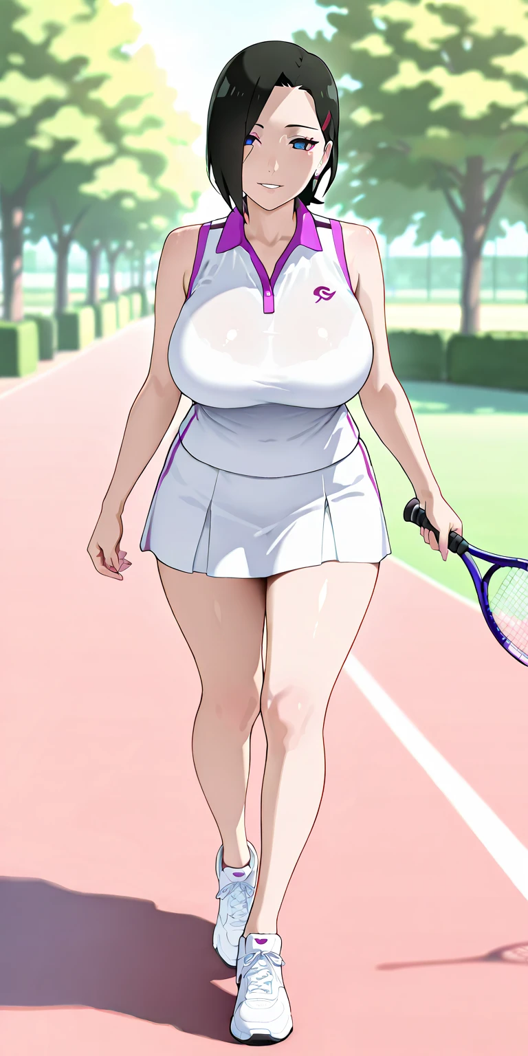 high quality, masterpiece, (Photorealism:1.4), 8K, Big breasts, Seductive anime woman, OPPEIN PROPORTION, Reality, Perfect body, sexy body, curvy body, Naughty anime style, full, Cartoon style body, Big ass of a married woman, Married woman atmosphere, Mom size, (Huge breasts:1.5), Huge breasts, (((Large Breasts、Low-cut，Cleavage, Wide hips,)))((Long legs)),Hourglass figure,(Smile), Arouse, (muscular:1.2), Breast enlargement, Thick thighs, Krafji, ((tennis player)), 37 years old, (White tennis clothes), Miniature skirt,