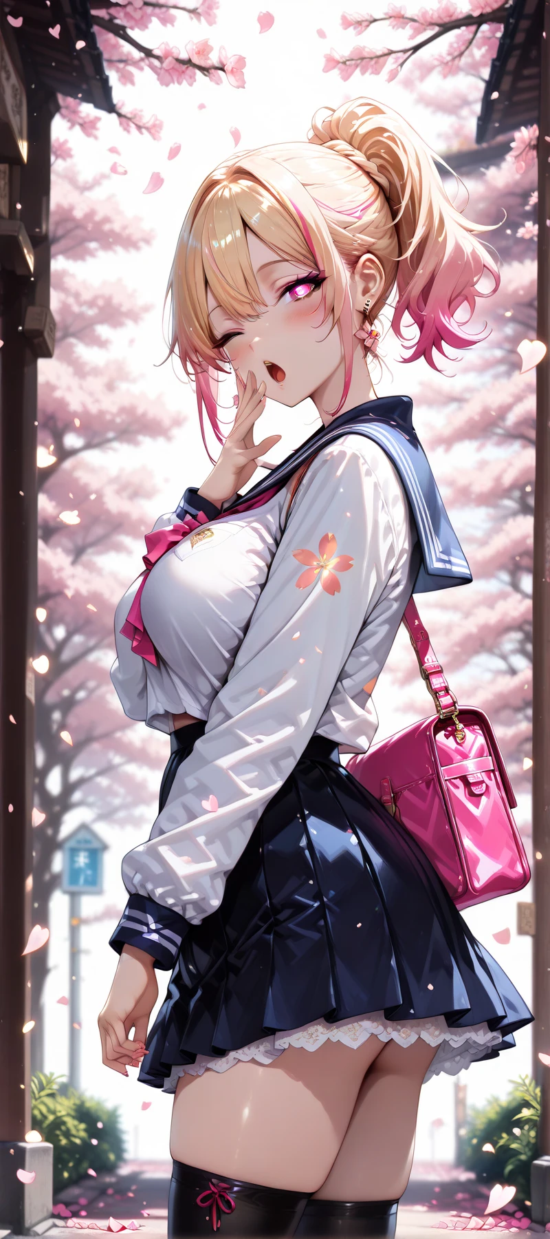 1girl, medium height, pink long, thick thighs, wearing tight Japanese school uniform, short skirt, medium size breast, slim waist, HD, high res, looking at viewer, high quality