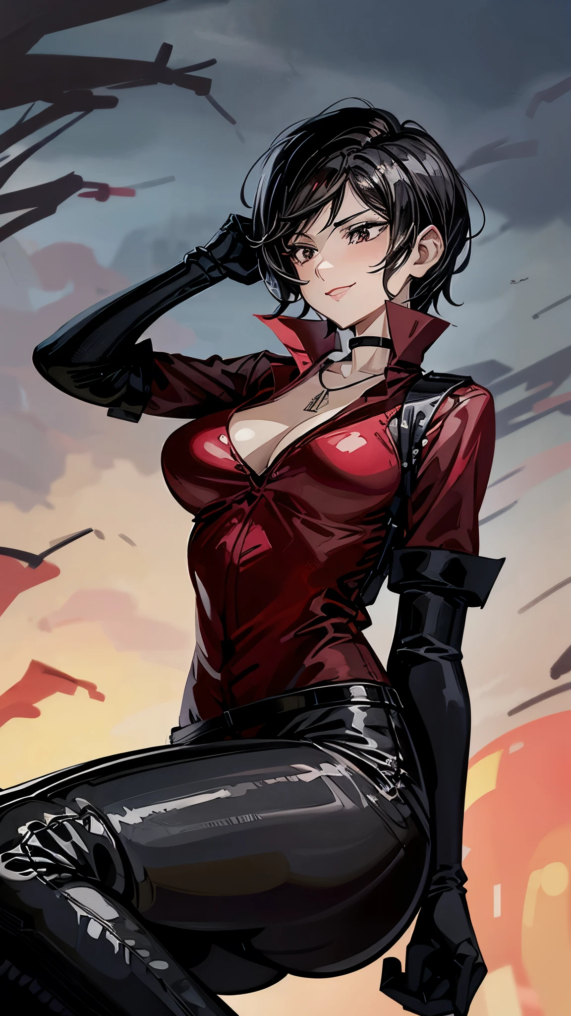 26 year old woman, tan-bronze skin, yellow eyes, medium breasts, hourglass figure, athletic, blushing, snarky expression, wide smile, short hair, black hair, bangs, mascara, red lipstick, ((Wearing red biker jacket, cropped red leather jacket, strapless red top, black leather pants), tight fitting clothing, cleavage, midriff, flat colours, anime, at rave, nightclub, heavy makeup, kissable lips, punk, punk style, punk hair,