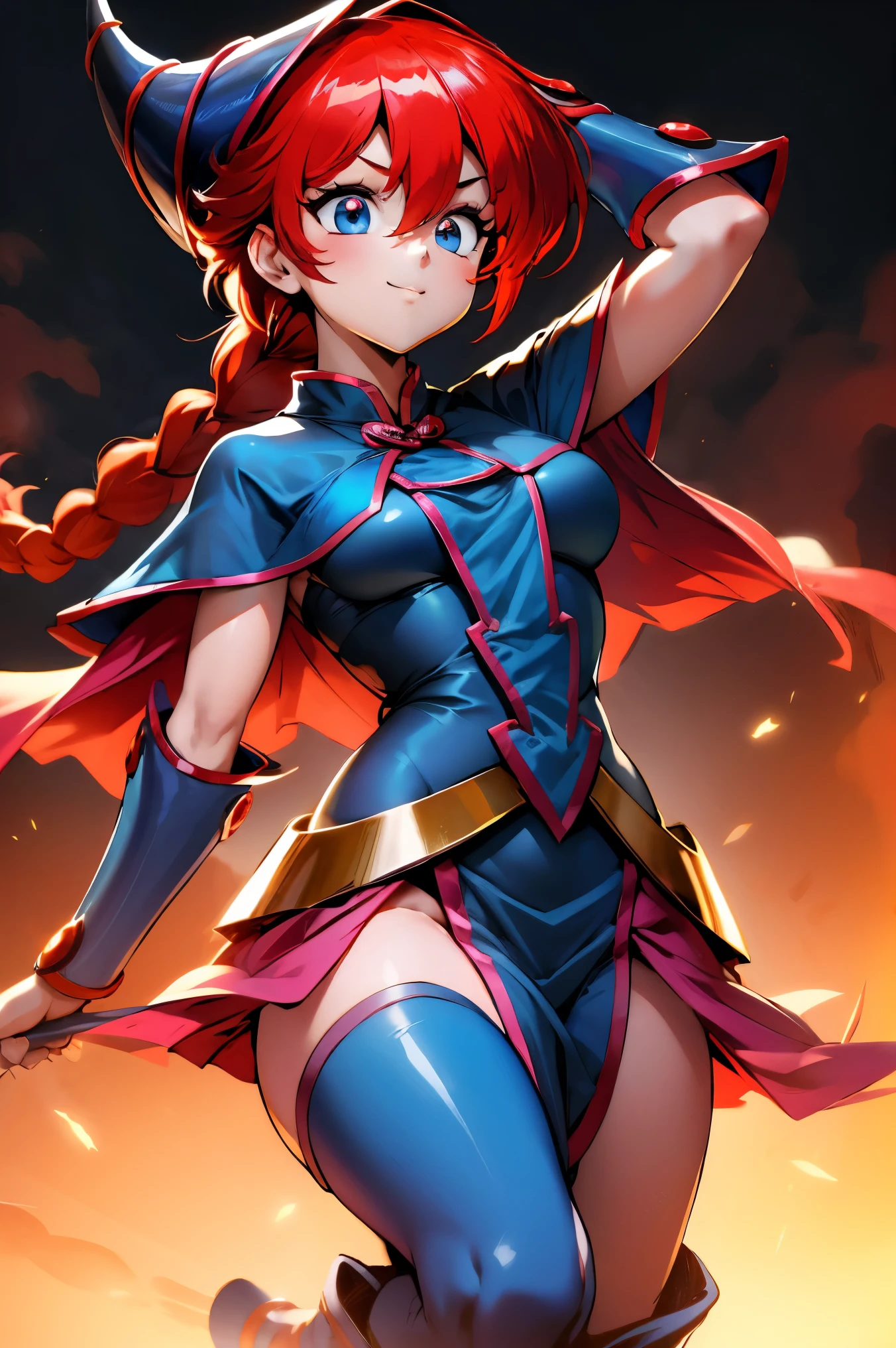 {{1 girl, Nekoda Tsuna, vspo!}},Super detailed, masterpiece, absurd, high resolution, very aesthetic, (anime, masterpiece, complexity: 1.3), (best quality, high texture, (4k), (incredible detail: 1.4), full body, ponytail, bangs, cute face, (perfect eyes), (detailed eyes), (shining eyes), beautiful eyes, bright eyes, cute eyes, cute smile, small fangs, cross earrings, red armor, gold carvings, white cloak fluttering in the wind, highly detailed clothes, beautifully made outfit, gauntlets, (holding a long sword in her hand), red mini skirt with gold decoration, zettai ryouiki, big breasts, deep cleavage, underboob, windblown hair, fluffy waist, thighs, high legs, knee-high socks, armor boots, high heels, dynamic pose