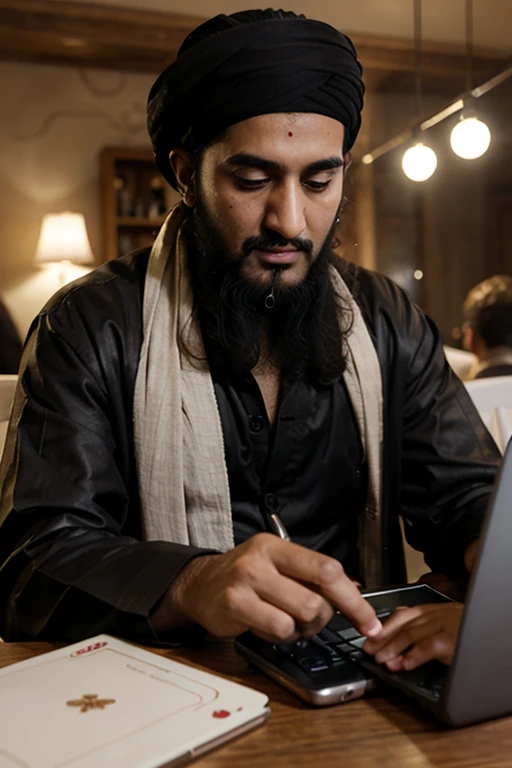 
A Muslim man sits in the middle of a busy modern city, against a backdrop of skyscrapers and sparkling neon lights. The expression on his face reflects his interest in the modern gadget he is holding, while the book or mushaf open in his lap is neglected. His eyes are focused on the gadget screen, reflecting the struggle between today's technological world and his spiritual values.