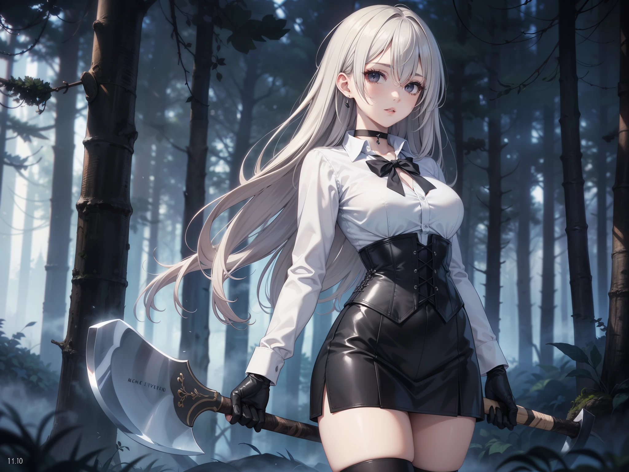 masterpiece background, beautiful art, professional artist, 8K, sciamano240, very detailed face,  detailed clothing, Detailed fabric, ung girl,  perfectly drawn body , beautiful face, (long hair), black eyes, very detailed eyes, rosy cheeks, serious expression, detailed lips, choker:1.6, (long sleeve buttoned white collar shirt), black gloves,  gloves that cover my hands , (holding an axe in his right hand), (black leather corset), (short black skirt), sensual lips ,   late de invierno,  show details in the eyes , seen from the front, looking at the viewer, Dark path, dark forest,  late,  atmosphere , fog