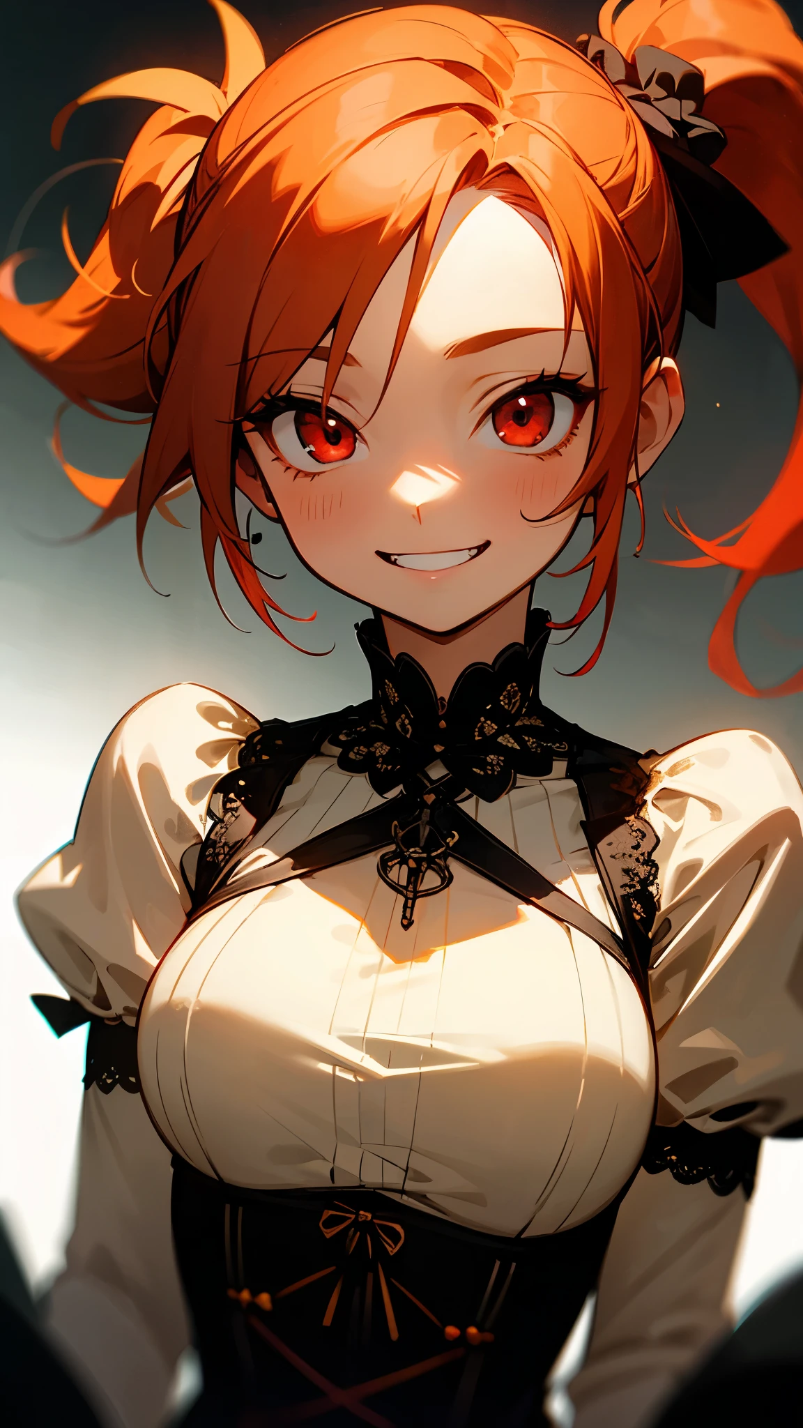 1 girl、solo、Colourful gothic clothes、orange hair、side ponytail、round red eyes 、grin、perfect anatomy、gothic style dress with fine lace and flowing layers、corset before dildos insertion、depth of field、upper body close-up
