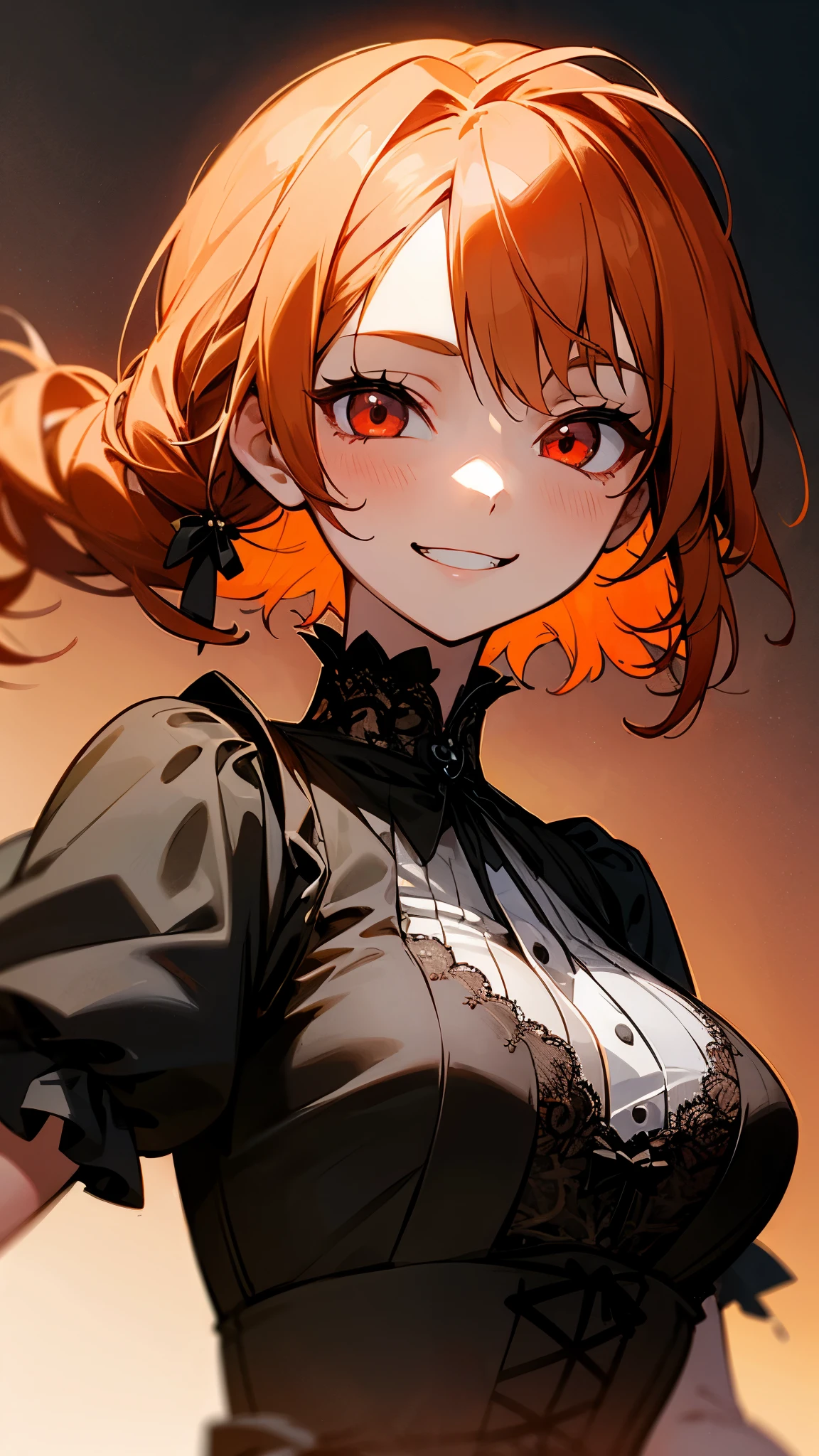 1 girl、solo、Colourful gothic clothes、orange hair、side ponytail、round red eyes 、grin、perfect anatomy、gothic style dress with fine lace and flowing layers、corset before dildos insertion、depth of field、upper body close-up
