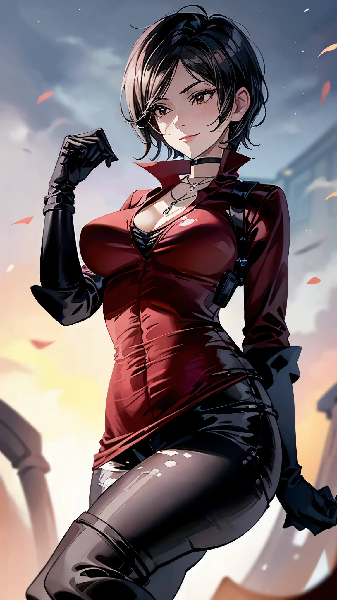 （super quality,Ultra High Resolution,16k,Super Masterpiece,Ultra HD ,detailed shading and background,）shot from below,Sexy Women, Short Straight Black Hair , flow the bangs to the side,red shirt with cuffed sleeves,black long gloves,cleavage,Tight black pants,Black Long Boots,cross necklace, provocative smile, in the city at night,
