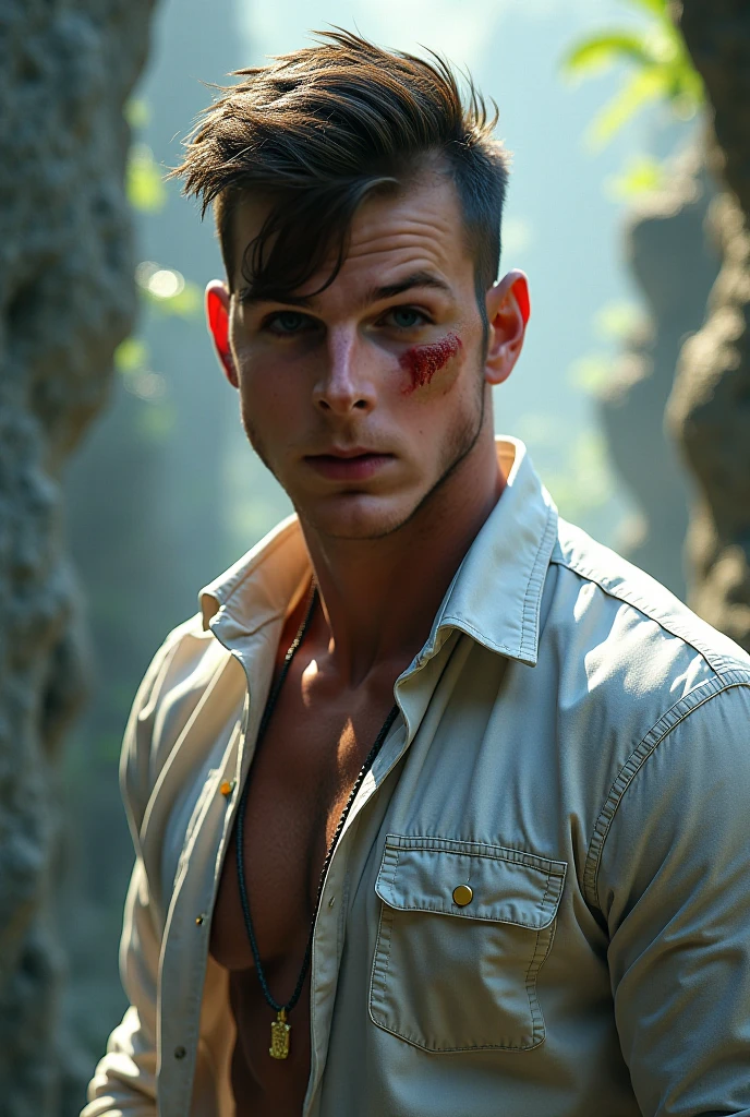 Create a character with the following characteristics:
A teenage boy, with tanned skin, brown hair, green eyes and a well-toned body, who is a monster.