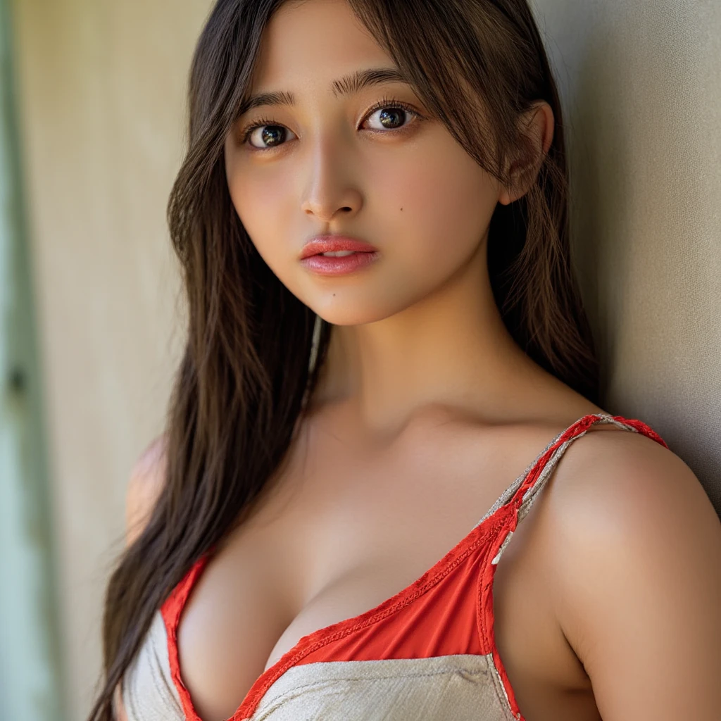 ((Highest quality, 8K, masterpiece: 1.3)), sharp: 1.2, Perfect Body Beauty: 1.4, ((Layered Hairstyles, Big Breasts: 1.5)), street: 1.2, Highly detailed face and skin texture, Fine grain, double eyelid, Long black hair, Light red lace dress, squat, expose one's cleavage, Erect nipples, With legs apart, Hair tied back, Smiling, Looking back here, The gaze is directed this way, Keeping your hands on the ground