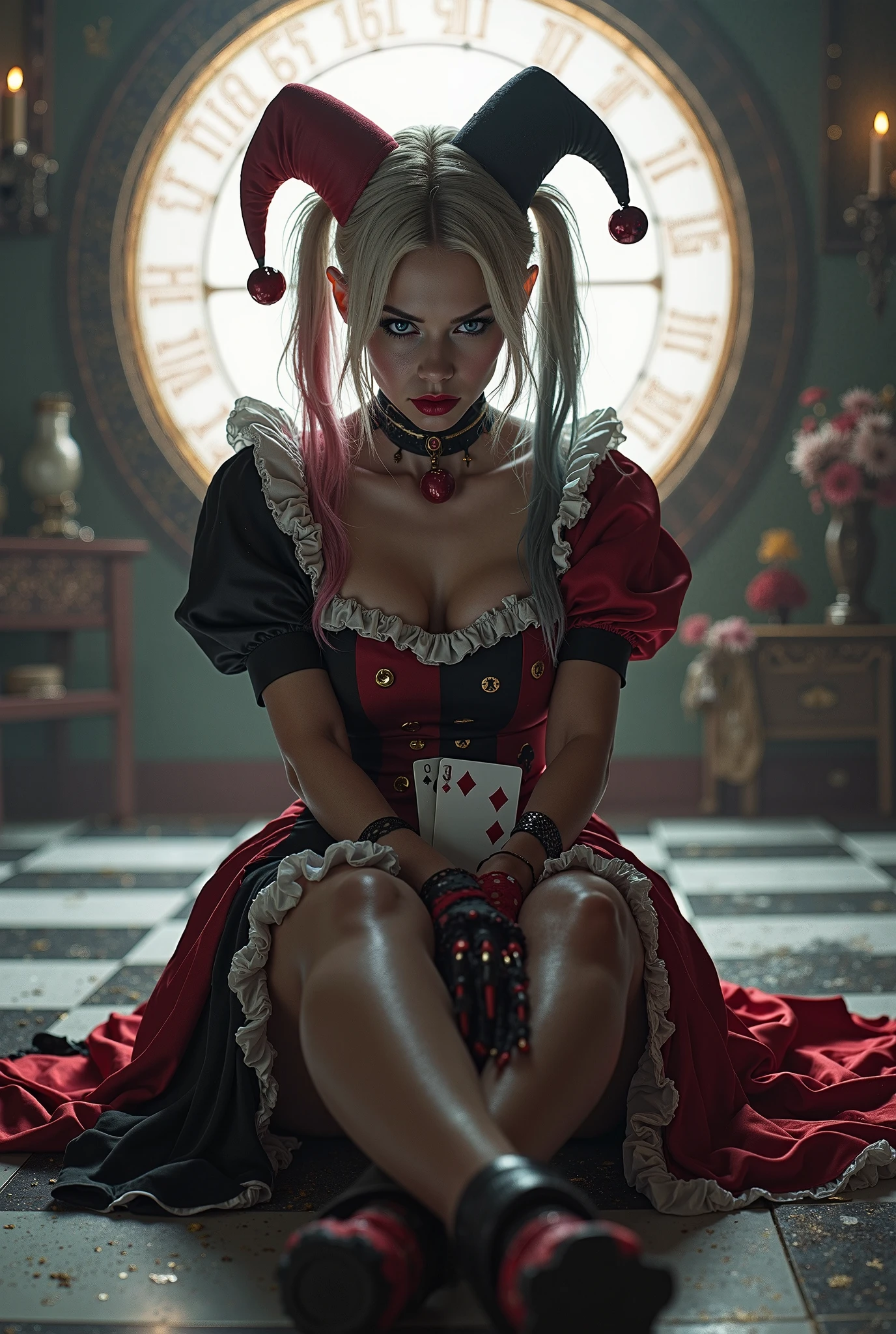 A woman's whole body、Harley Quinn、Margod Robbie、Suicide Squad movie、Metal bat on shoulder、T-Shirts、black leather shorts、