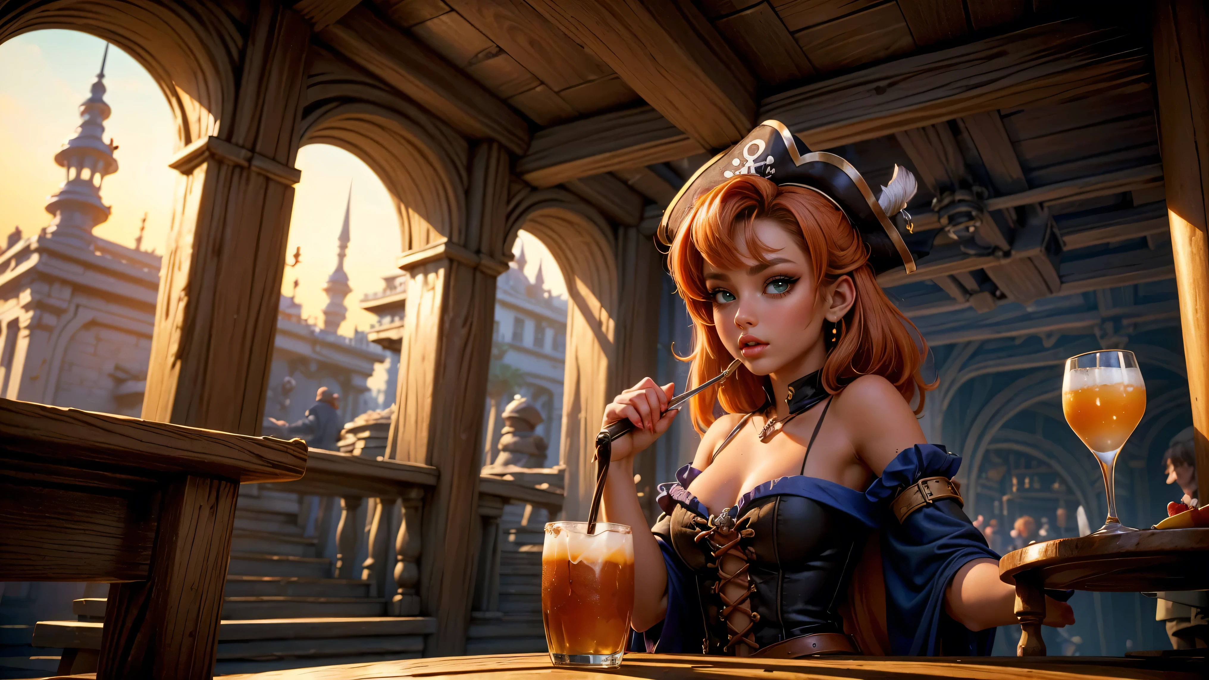 ((22year old、Russian、Beautie、Pirate Empress、Extraordinary Beauty:1.8))、(orange color hair、Longhaire、bob cuts、Curled Hair:1.7)、((maikurobikini:1.9))、(Pose like a model、Spread your legs apart、spreads both leg:1.6)、(laying on back、lie down:1.5)、((Background with、Mare、Pirate Ship:1.5)),((smile, evil smile:1.6)), Surrealism, high detail, Hyperrealism, film grain, tachi-e, parkle, UHD, masterpiece, ccurate, anatomically correct, textured skin, super detail, high details, high quality, best quality, highres, 1080P, HD, 8k,((D cup big breasts、Toned belly、Sexy belly、Constricted hips、s ass:1.5))
