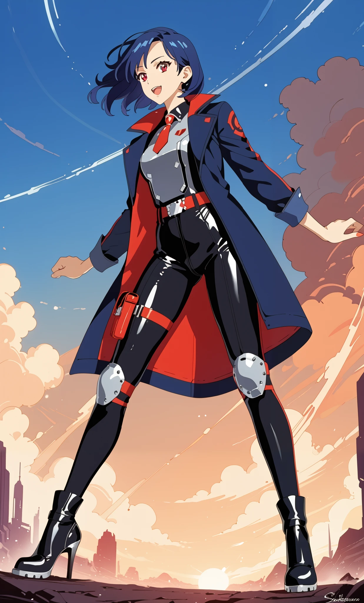 The character is depicted with long, dark blue hair and is wearing a futuristic, sleek outfit. The ensemble includes a high-collared, form-fitting gray and black jacket with red accents and a distinctive logo on the chest. The pants are black with similar red detailing and are complemented by knee guards. The boots are a mix of white and black, reaching up to mid-calf with chunky heels. She stands confidently with one hand raised, exuding a sense of authority and readiness. A unique feature on the outfit is the utility belt on her right side, which includes several cylindrical gadgets or devices. The overall look is modern and technical, suggesting a character ready for action in a sci-fi setting.