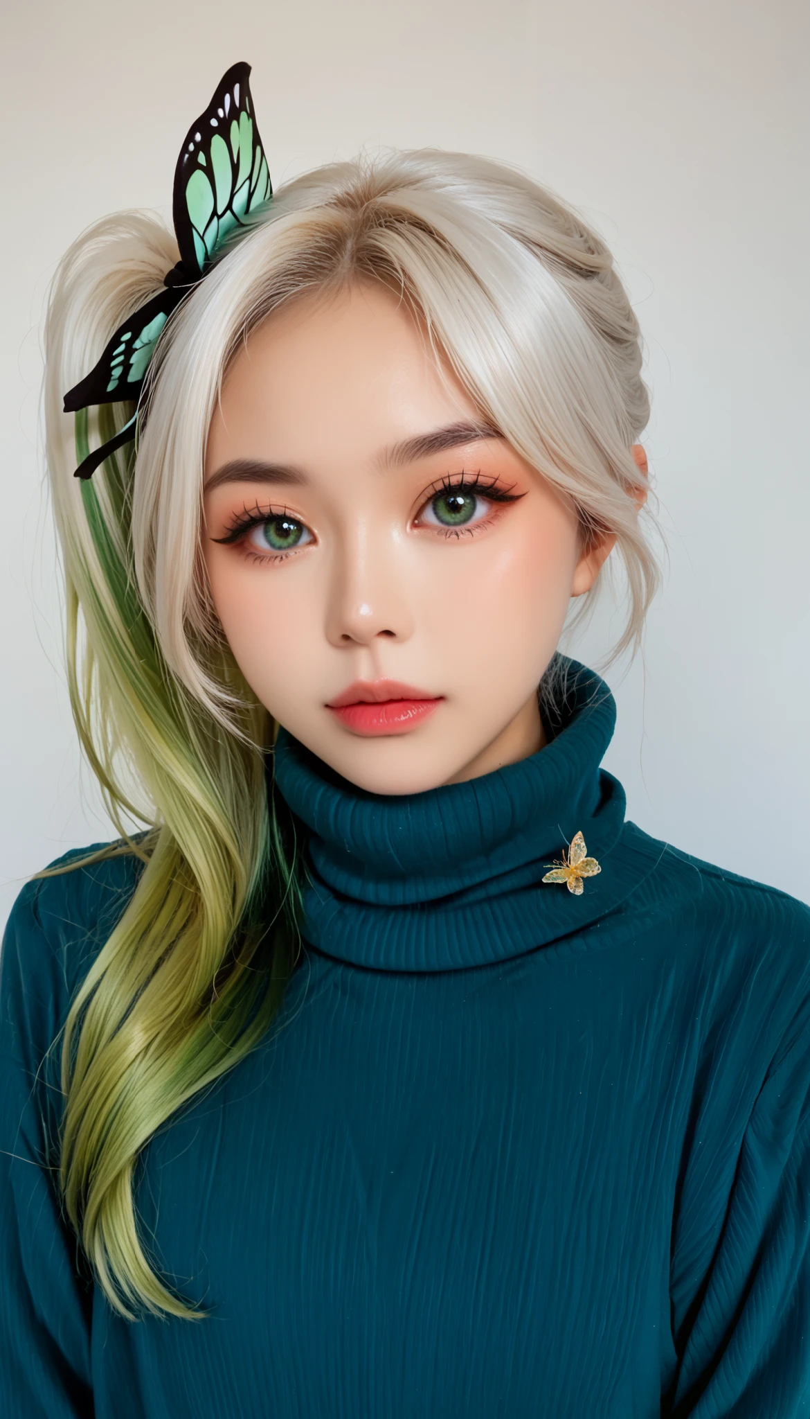 score_9, score_8_up, score_7_up, (photography), Photo RAW, best quality, hires, absurdres, ulzzang, ulzkawai, (((korean aesthetics))), k-pop, glamorous, shine, solo, (thin face), big eyes, ((Xia Yan)), blue eyes, eyelashes, lips, (nahida), my nahida, genshin green eyes, (white hair), (green hair), side ponytail, green butterfly bow, dark blue sweater, high collar,, realistic, looking at viewer, simple background, cowboy shot, sharp focus, upper body,