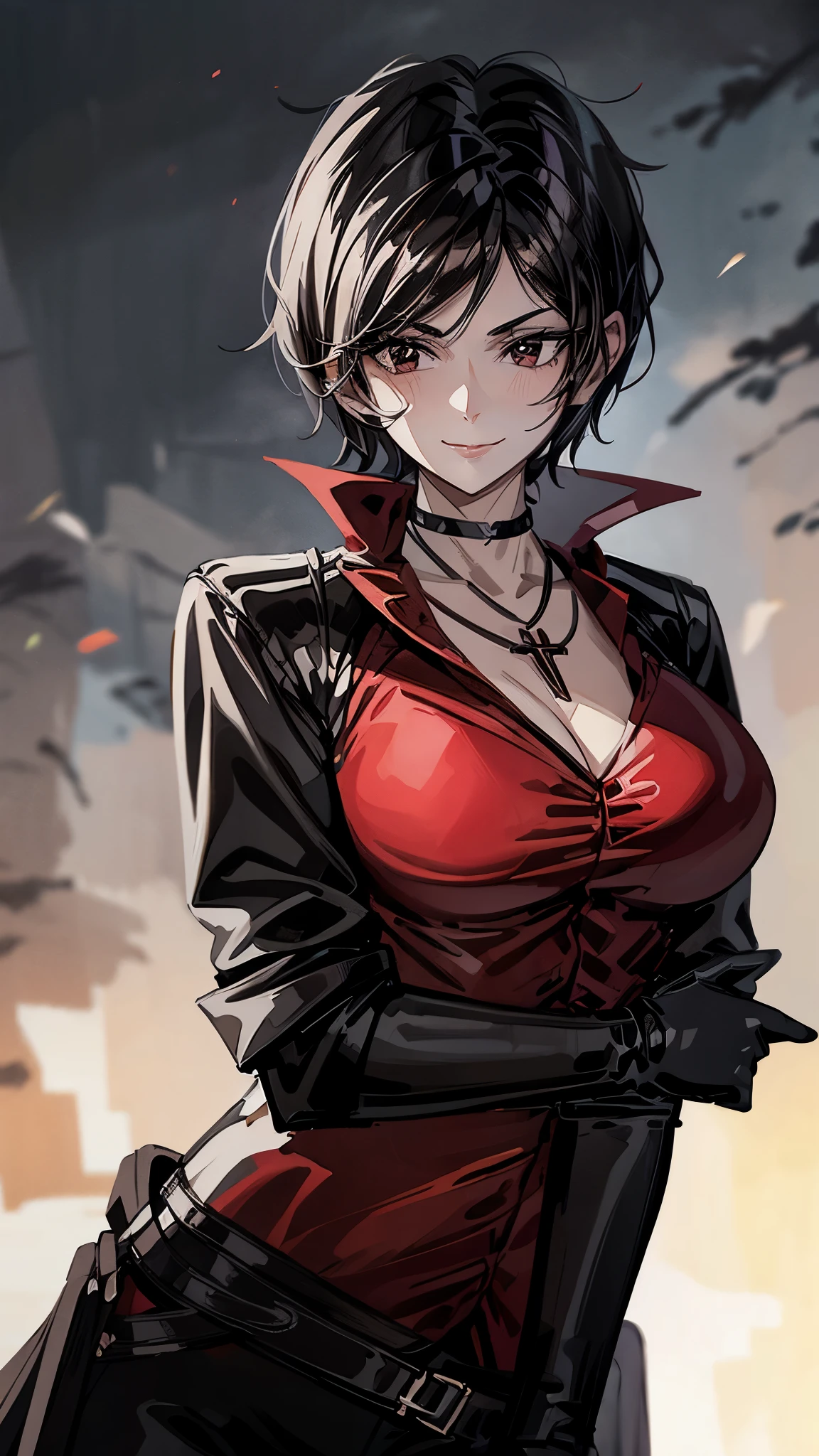 (super quality,Ultra High Resolution,16k,Super Masterpiece,Ultra HD ,detailed shading and background,)Upper body shot,Sexy Women, Short Straight Black Hair , flow the bangs to the side,red shirt with cuffed sleeves,black long gloves,The Valley of the Chest,Tight black pants,Black Long Boots,cross necklace, provocative smile, in the city at night,