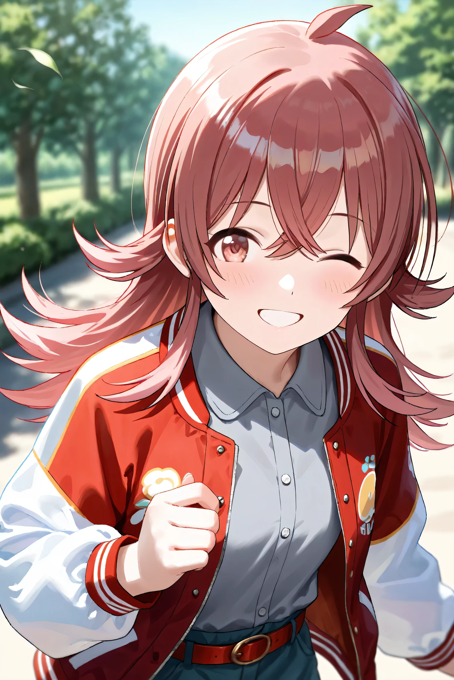 (Masterpiece), (Highest quality), (Very detailed),
(The best shape), (Best Shadow), (Absurd),
(Detailed background), (So beautiful), Shiny ,
Beautiful eyes in every detail, Extraordinary, Countershading, 8k, 32K, High resolution,
Very Detailed CG,
Score_9, Score_8_up, Score_7_up, Source_anime,
(Pastel painting:1.2), (Watercolor painting:1.2),
(Masterpiece, Detailed:1.2), (Foreshortening:1.2),
Cinematic, Dramatic, (Depth of field:1.4),
(Blurry background:1.4), (Realistic background:1.4),
(Foreshortening:1.3),Dynamic angle,
1 girl,
Outdoor, Nature, Park, Wind,
Komiya Kaho, komiya kaho,
the idolmaster shiny colors,
long hair, red hair, red eyes, hair between eyes, ahoge, (medium breasts:0.7),
(casual wear:1.3),
(collared shirt:1.1), (Gray shirt:1.3), Plain shirt,
Souvenir Jacket, Open jacket, Red jacket, Long sleeves, White sleeves,
Hot pants, Turquoise hot pants,
belt, red belt,
Portrait, Focus on face,
(Blush:1.3), Smile, Happy, Grin,
One eye closed,
Realistic skin, Shiny skin,