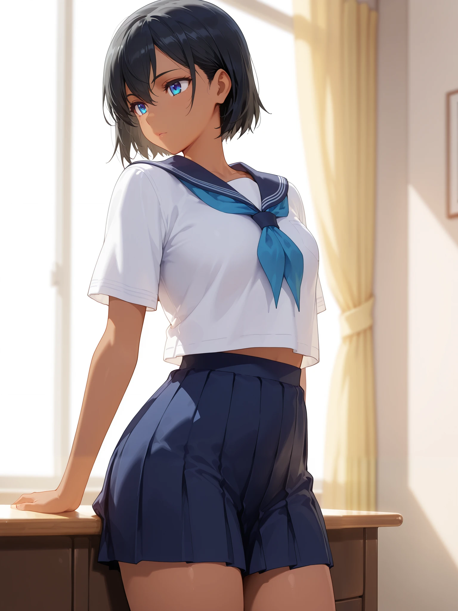 masterpiece, Best quality, very aesthetic, intricate, vibrant, highres, ultra-detailed, Perfect detail, ray tracing, short hair, blue eyes, black hair, dark-skinned female, bedroom background, small breasts, school uniform, short skirt
