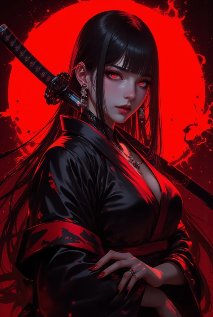 a ready to fight 22 yo japan ninja stunning woman, manga ink style, digital art, official art, black & white pic,
blown by the rain and wind, black outfit, masterpiece, beautiful, watercolor paint splatter, with words
in Japanese characters written roughly horizontally, in the hand, a ripped red japan war flag with rays, intricate detail. Great details , dripping:0.7,
Trending on Artstation, Rachel Walker, high detailed